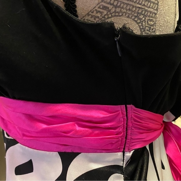 Vintage Le Château Silky A Line Black White Floral Pink Sash Tie Mini Dress - Picture 2 of 5